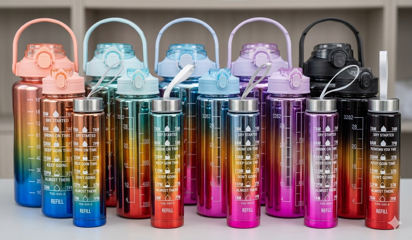 Set de 3 Botellas Plasticas 2000ml, 900ml, 300ml Metalizado